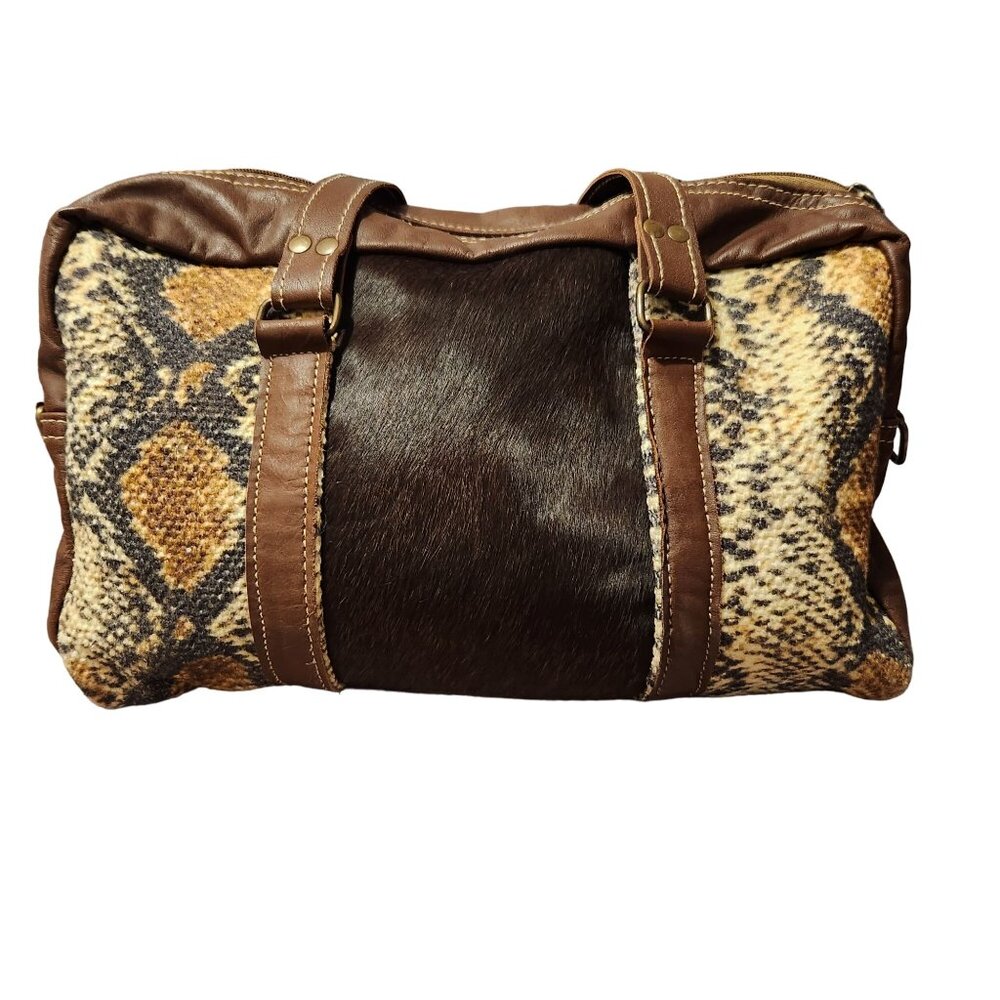 Hopofly Handmade Genuine Leather & Cotton Bag With Snake Print & Fur Made In Ind